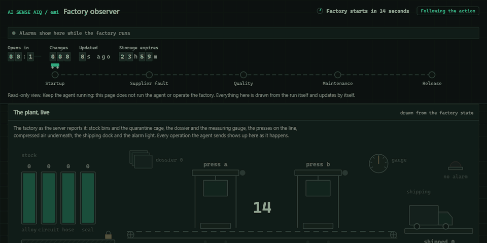 The emi observer page through a whole run, sped up: the countdown, the drawing of the plant as the agent works, the log of its operations, its control panel as it changes, the five phases closing one by one, and the finish at the top of the page with the score and the zip download.