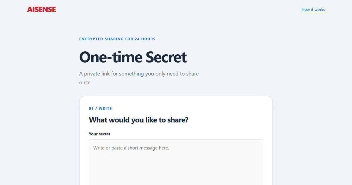 The One-time Secret page at aisense.no, with its first step: a field for the message to share.