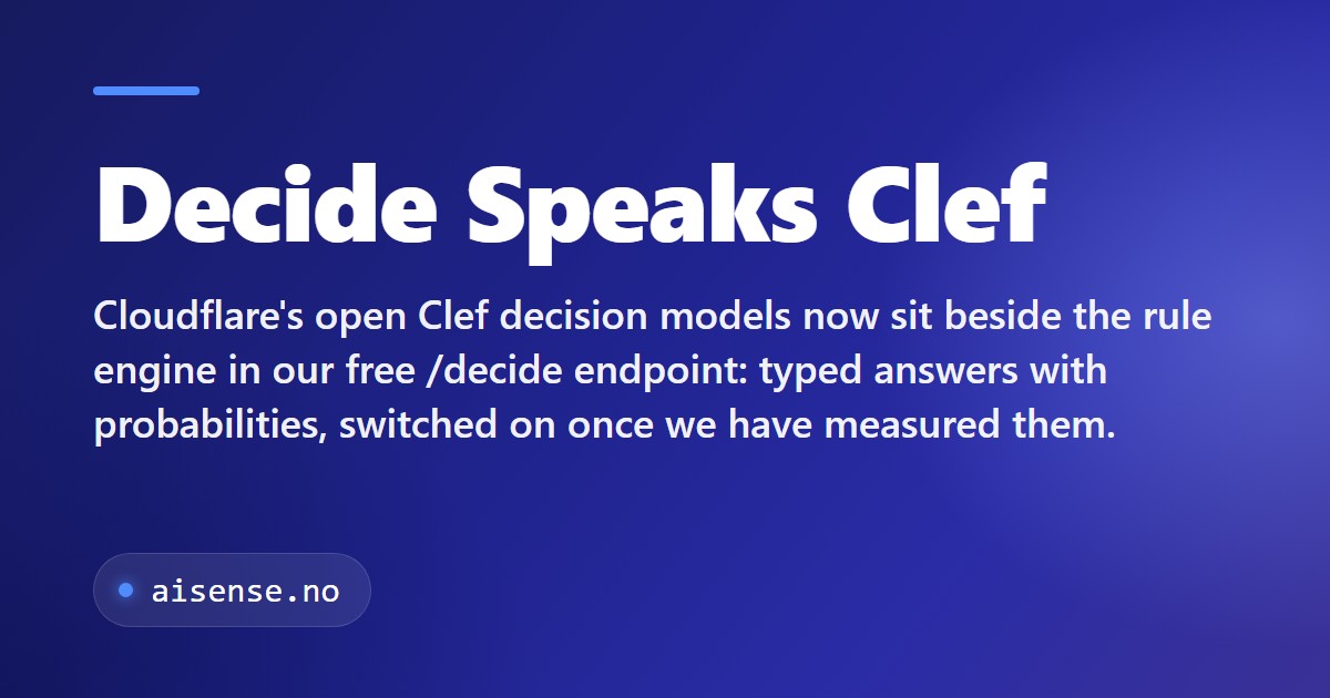 Decide Speaks Clef. Cloudflare's open Clef decision models now sit beside the rule engine in our free /decide endpoint: typed answers with probabilities, switched on once we have measured them.