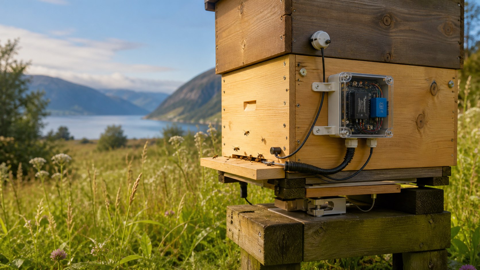 Illustration of a smart beehive with a connected monitoring unit